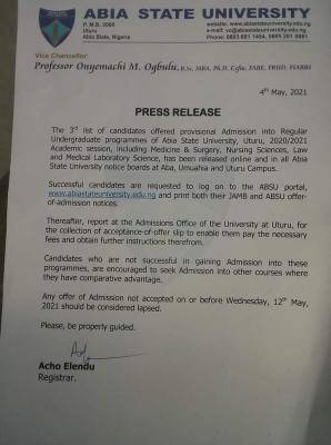 ABSU notice to admitted candidates in the 3rd batch, 2020/2021