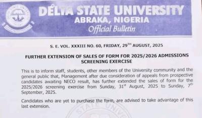 DELSU extends Post UTME application deadline,2025/2026