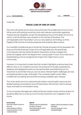OAU Students’ Union confirms death of dentistry student, missing student still unfound
