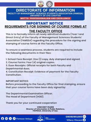 UNIUYO Faculty of Management Sciences notice to new students on Course Form signing