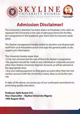 Skyline University Kano refutes claim on admission into masters programmes, 2022/2023