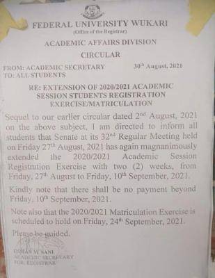 FUWUKARI notice on extension of registration deadline & matriculation, 2020/2021