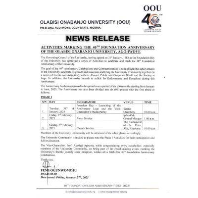 OOU announces 40th Foundation Anniversary