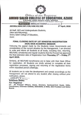 Aminu Saleh College of Education final deadline for 1st semester course registration, 2025/2026