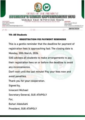 ATAPOLY SUG reminder on Registration Fee Deadline