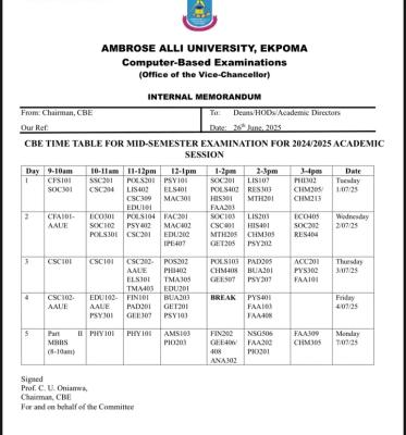 AAU Mid-Semester CBE exam timetable, 2024/2025