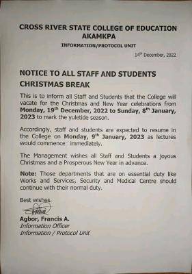 Cross River State College of Education notice on Christmas break to staff and students