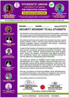 UNIBEN SUG Issues Security Advisory to All Students