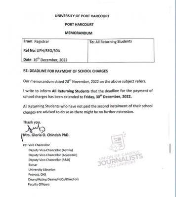 UNIPORT notice to retuning Students on deadline for payment of school charges