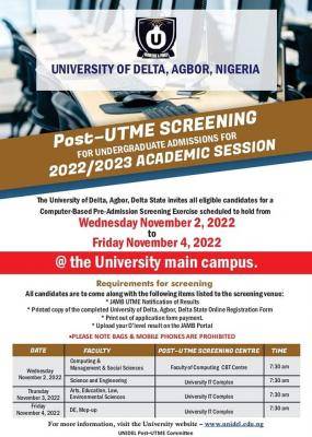 UNIDEL Post-UTME screening date for 2022/2203 session