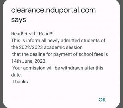 NDU deadline for payment of school fees, 2022/2023