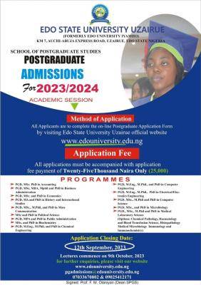 Edo State University Postgraduate admission form for 2023/2024 session