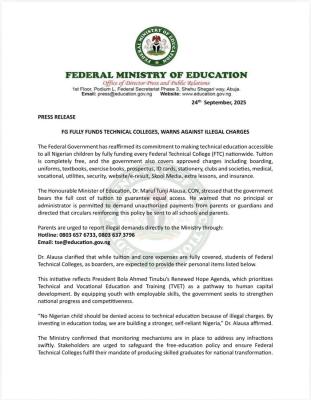 FG warns against illegal charges in Technical Colleges