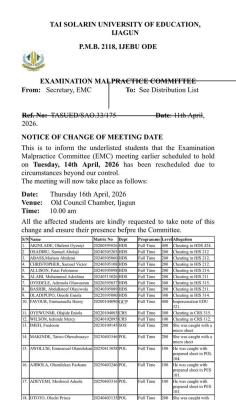 TASUED notice to students involved in malpractice cases on change of meeting schedule