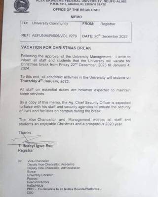 FUNAI notice of vacation for Christmas break