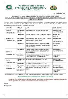 Kaduna State College of Nursing & Midwifery entrance exam schedule, 2024/2025