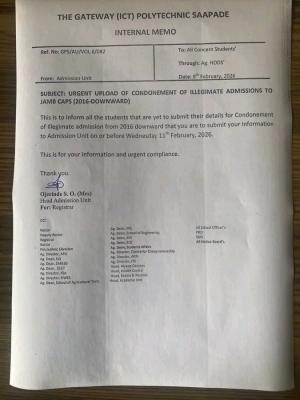 Gateway Polytechnic notice on upload of Condoment of Illegal Admissions to JAMB CAPS