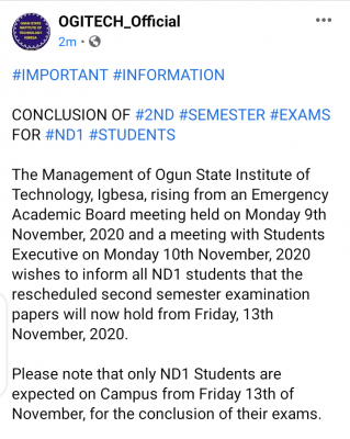 OGITECH date for NDI 2nd semester exam for 2019/2020 session
