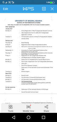 UNN postgraduate Time Table of Events for the Remaining Part of 2019/2020 Session