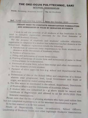 Oke-Ogun Poly, Saki notice to students on completion of registration before exam