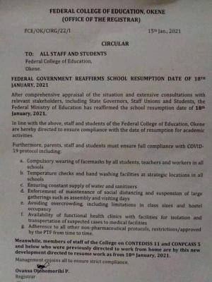 FCE Okene notice on resumption to staff and students