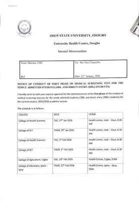UNIOSUN Medical Screening schedule for Newly Admitted Students, 2025/2026
