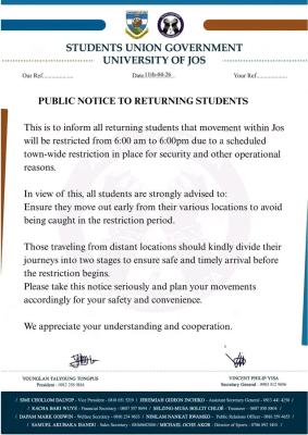 UNIJOS notice to Returning students on restriction of movement