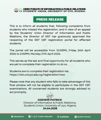 UNIUYO SUG notice on reopening of GST registration