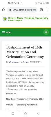 UMYU Postpones 14th Matriculation and Orientation Ceremony