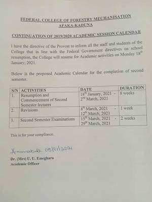 Federal College of Forestry Mechanisation, Afaka-Kaduna revised calendar for 2019/2020 session