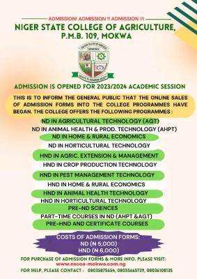Niger State College of Agriculture ND/HND Admission, 2023/2024