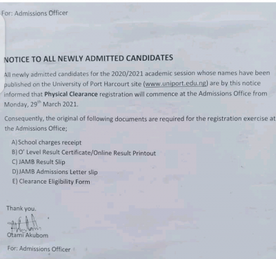 UNIPORT notice to newly admitted students, 2020/2021