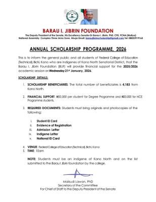 FECT, Bichi students of Kano North origin  to receive scholarship awards from Barau I. Jibrin Foundation