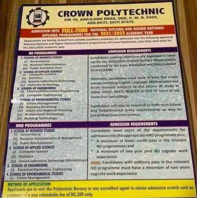 Crown Polytechnic admission for 2021/2022 session