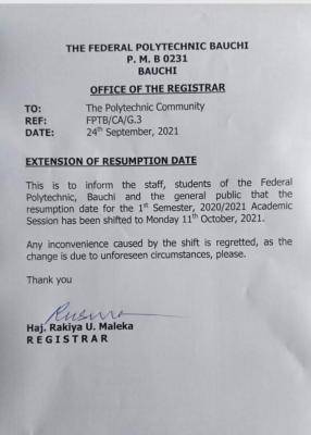 Fed Poly, Bauchi postpones resumption date, 2020/2021
