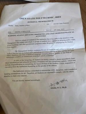 OSPOLY warns students against defacing properties and authorized political activities
