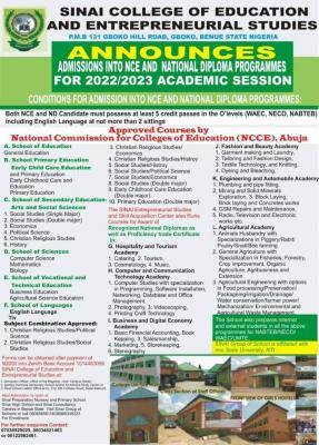 Sinai College of Education NCE & Diploma Admission, 2022/2023