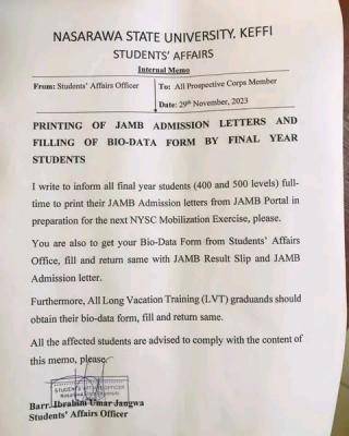 NSUK notice to final year students on printing of JAMB admission letter & filling of bio-data form