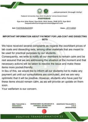 FUOYE SUG important information about payment for Lab-coat  & Dissecting Sets
