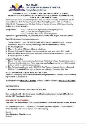 Edo State College of Nursing Science 5th Cohort admission