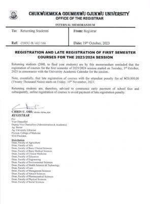 COOU notice to returning students on 1st semester late registration, 2023/2024