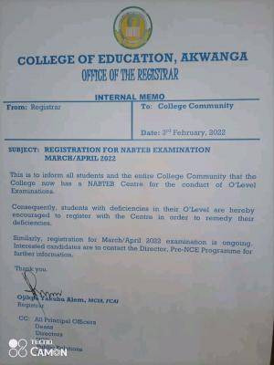COE Akwanga now has a NABTEB Centre for the conduct of O'Level examinations.