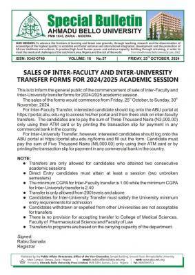 ABU Zaria sales of Inter-Faculty & Inter-University transfer form, 2024/2025