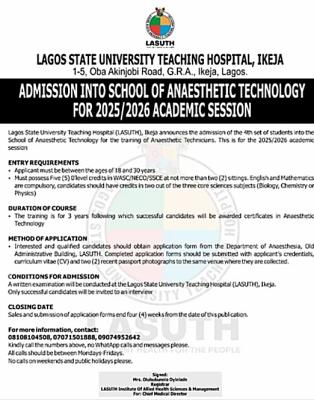 LASUTH Admission into School of Anaesthetic Technology for 2025/2026 Session