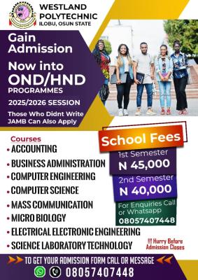 Westland Polytechnic Ilobu, Osun State Admission form for 2025/2026 Academic Session