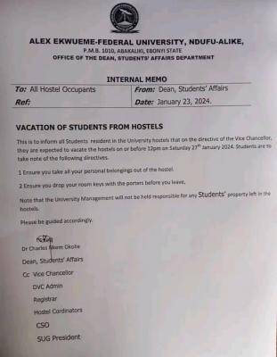 FUNAI notice to students on vacation from hostels