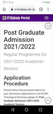 ECWA Theological Seminary Igbaja postgraduate admission,2021/2022 session