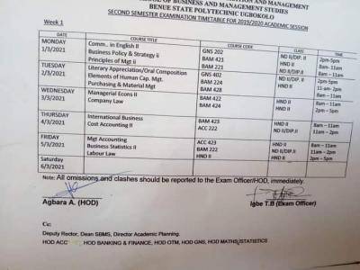 BENUEPOLY Second Semester Examinations time table, 2019/2020