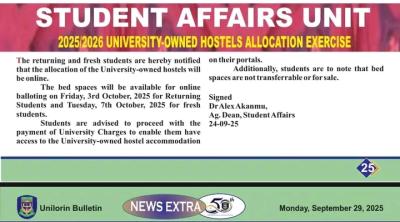 UNILORIN notice on allocation of hostels for 2025/2026 session