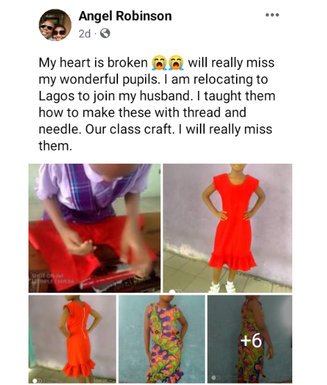 Primary school teacher celebrates her students as they show off the dresses made with needle and thread